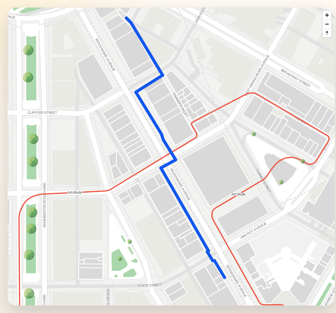 Route drawn between two places with markers and polygon styling