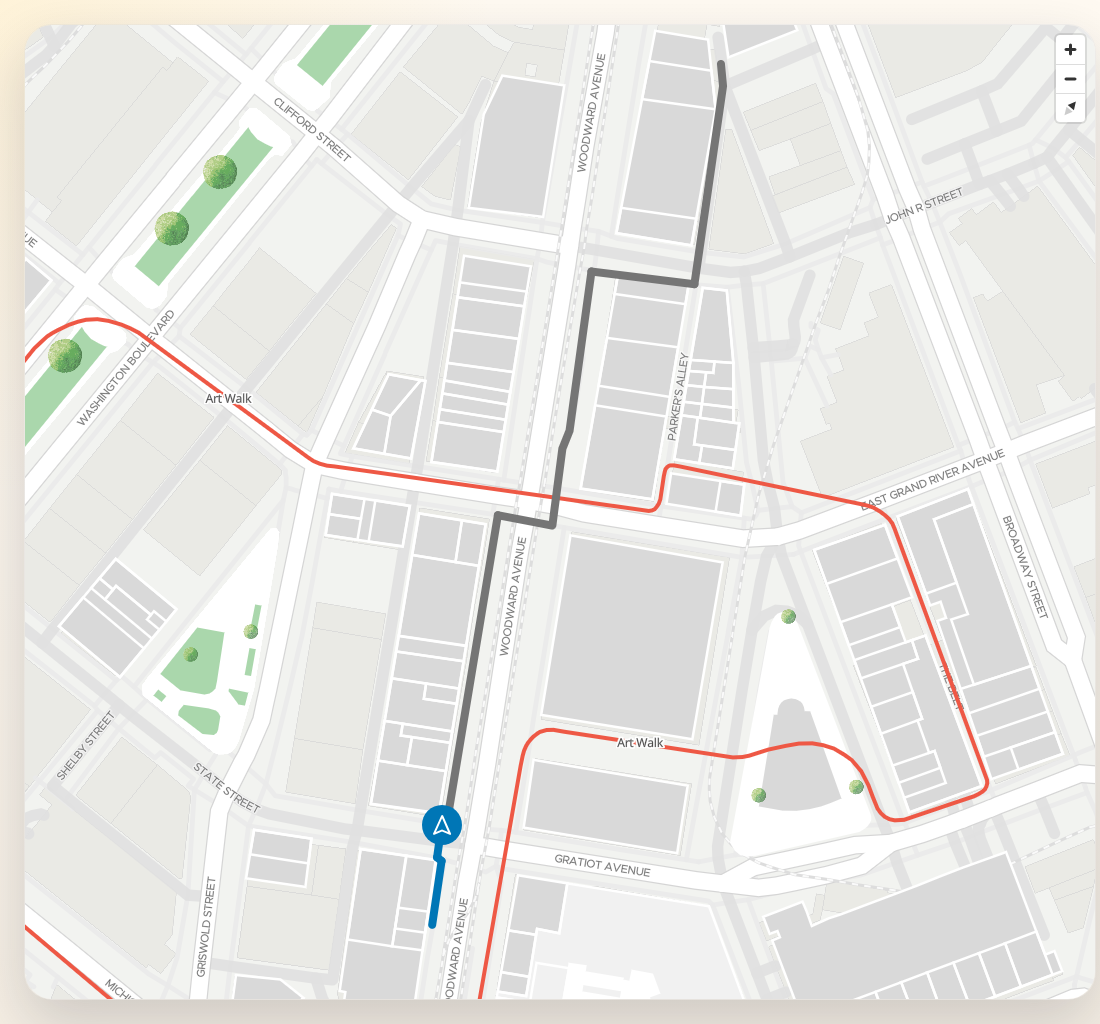 Step-by-step route animation showing ahead and behind path coloring